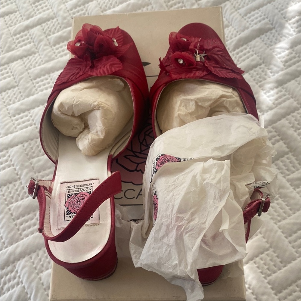 Special Occasions by Saugus Shoe Red Heels with Ankle Straps